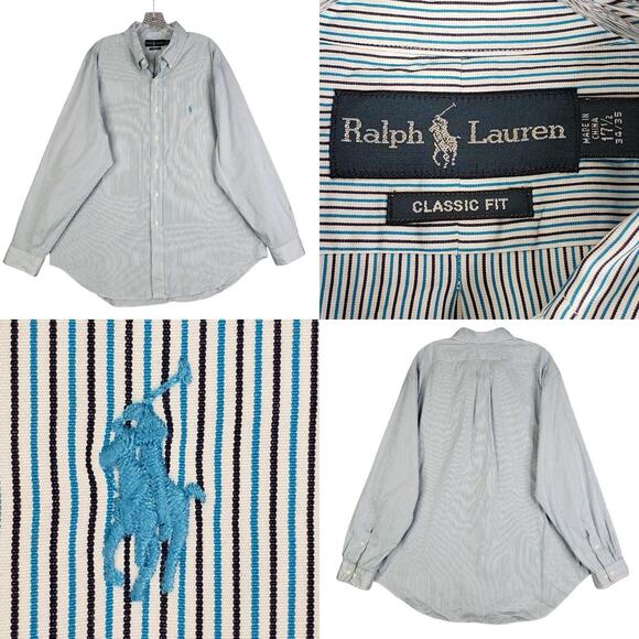 Polo Ralph Lauren Shirt Oxford Button Down LS Mens Size XXL 17.5 Teal Stripe - Picture 1 of 10